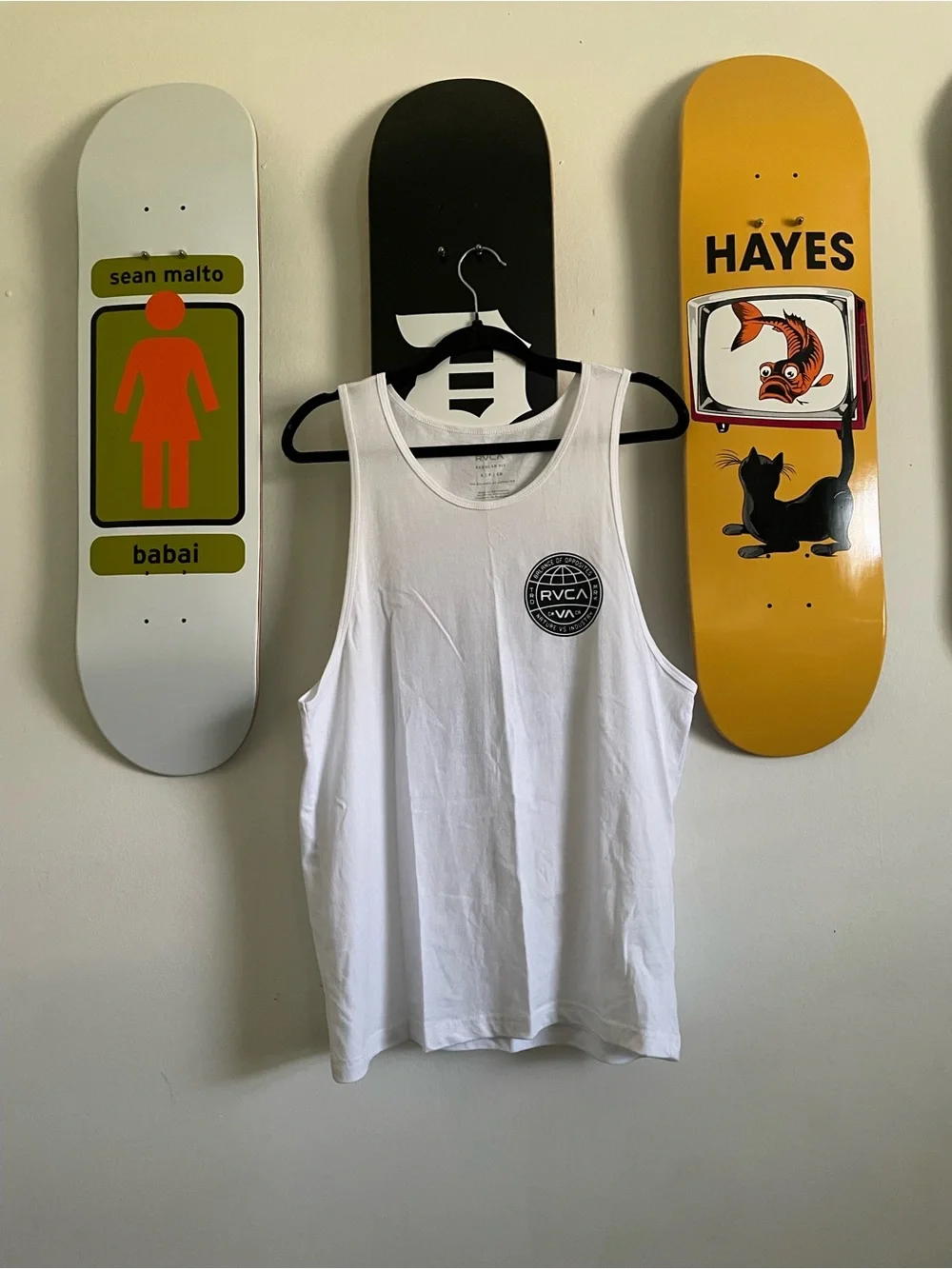 RVCA White Tank with Black Globe Logo